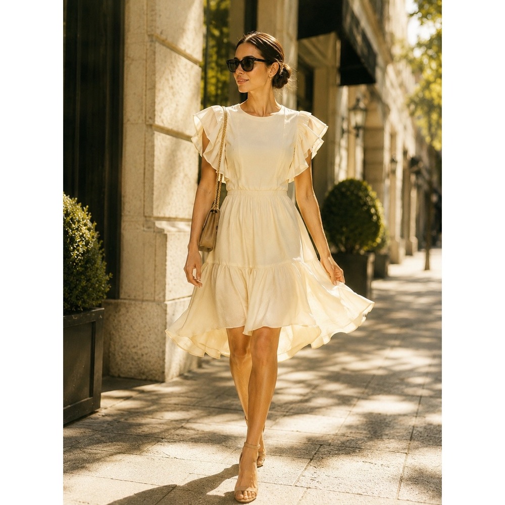 NWT Chloe Flutter Sleeve Mini Dress Women's Size‎ 36 Yellow  Sheer Sleeves